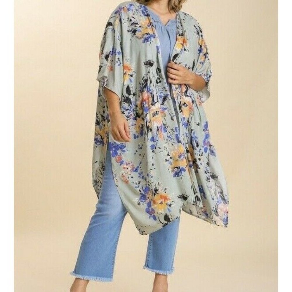 New Umgee Duster Kimono Green Mixed Floral‎ Boho Peasant Plus Size